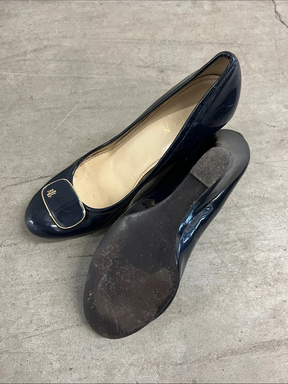 Ralph Lauren Navy Patent Leather Pumps with Gold RL Medallion
